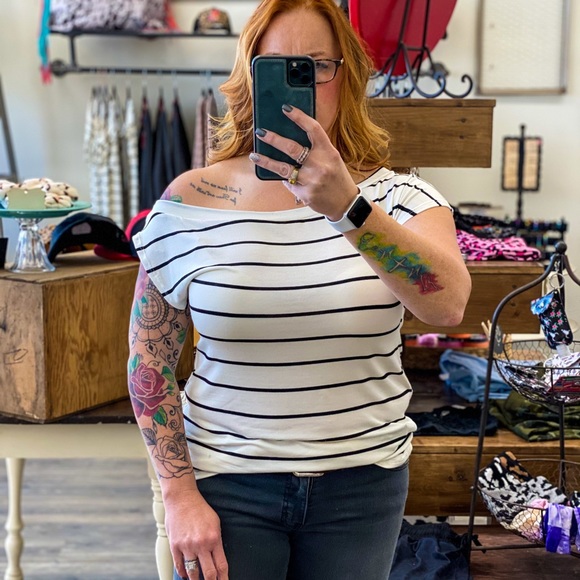 Pin Striped Over the Shoulder Blouse - Picture 2 of 3